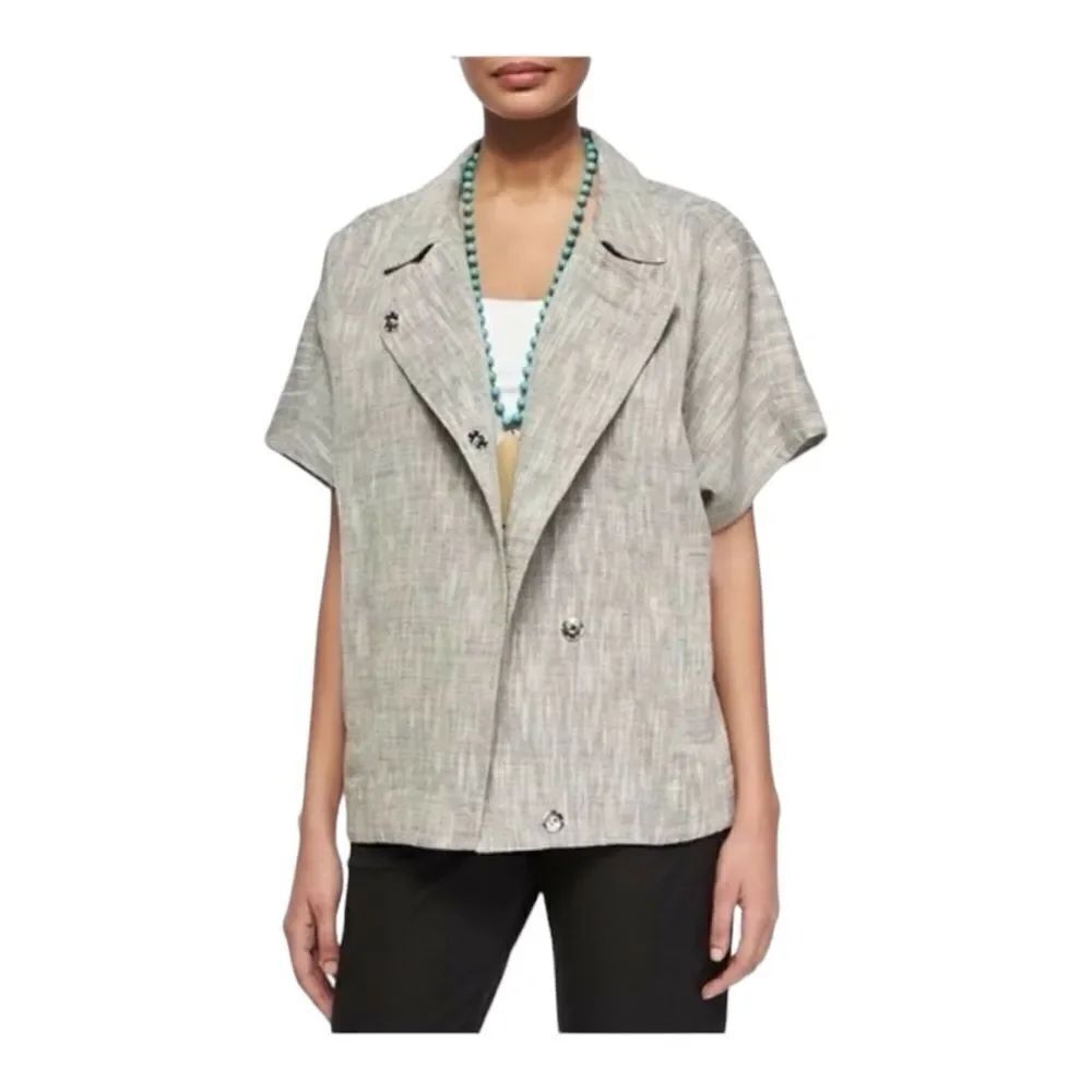 Eileen Fisher Gray Linen Classic Collar Jacket Size M Casual Loose Lagenlook EUC